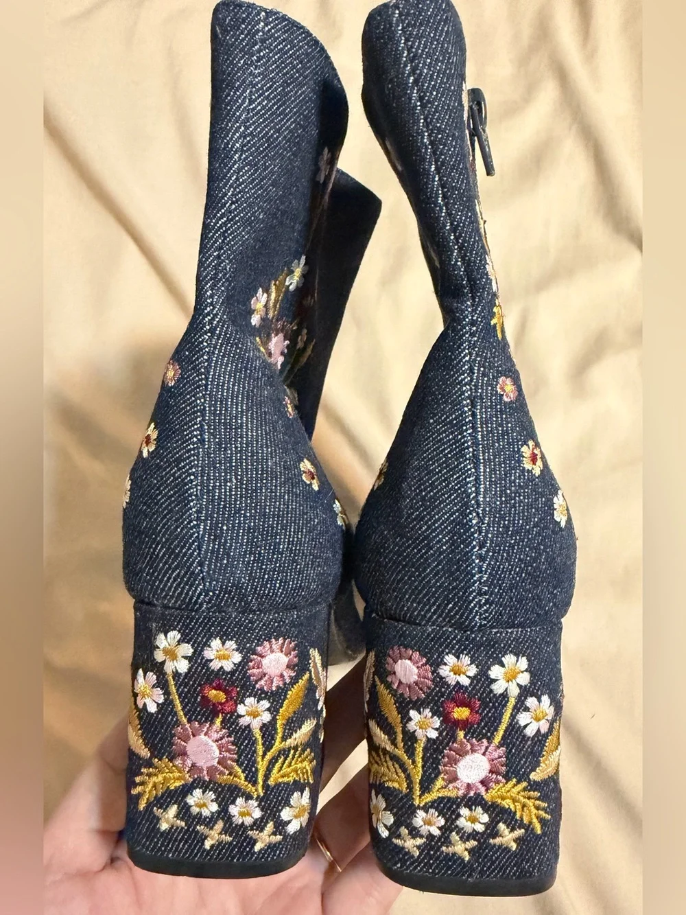 Denim Floral Embroidered Ankle Boots